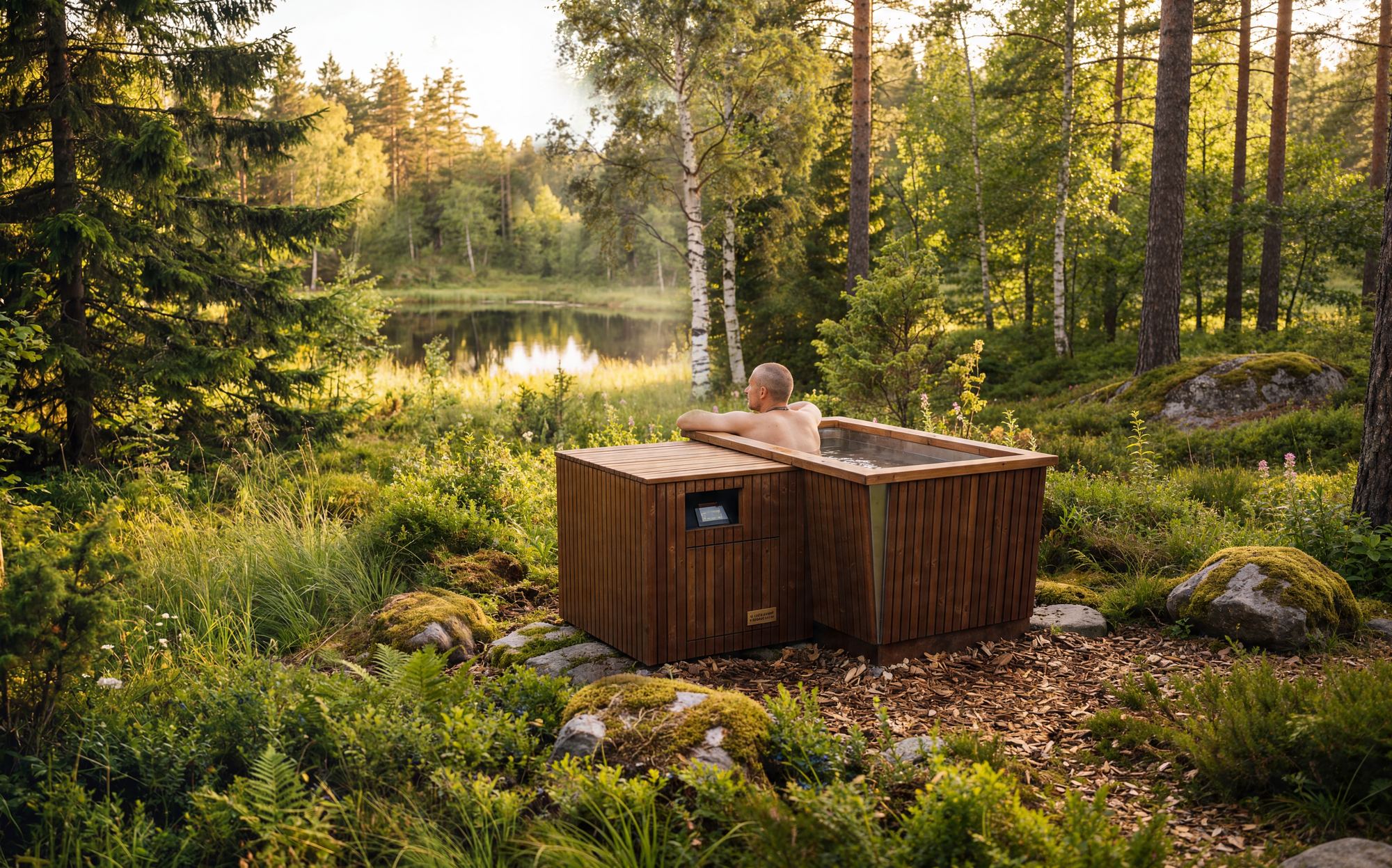 Bain froid en bois dans une forêt nordique