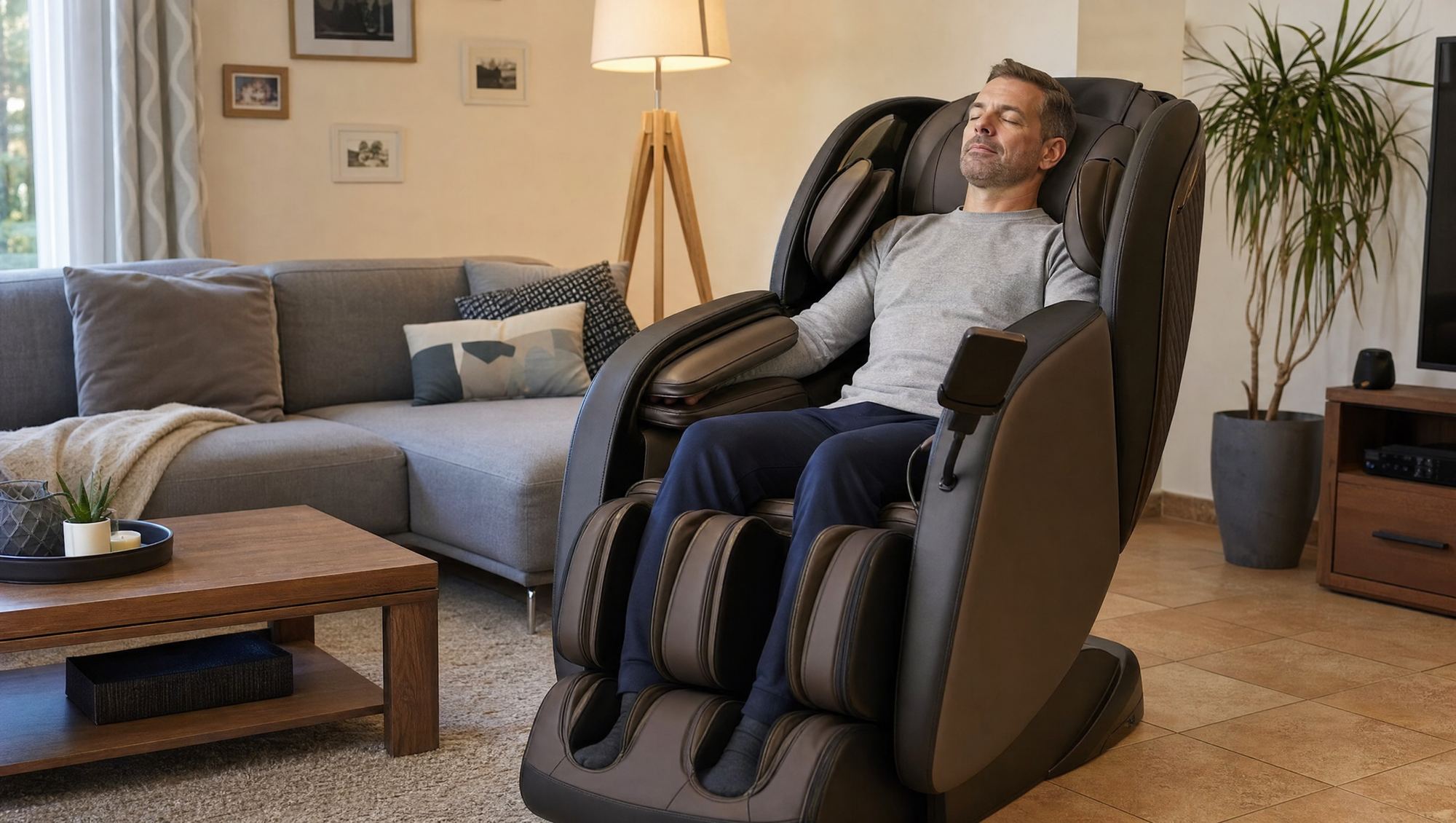 Homme se détendant dans un fauteuil de massage en soirée