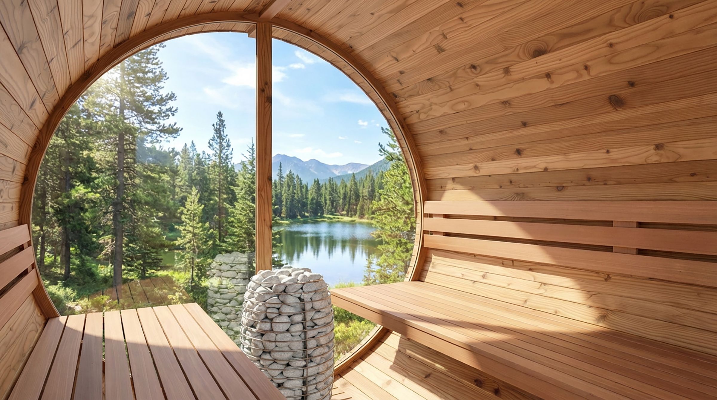 Intérieur d'un sauna tonneau ouvert sur un lac et une forêt