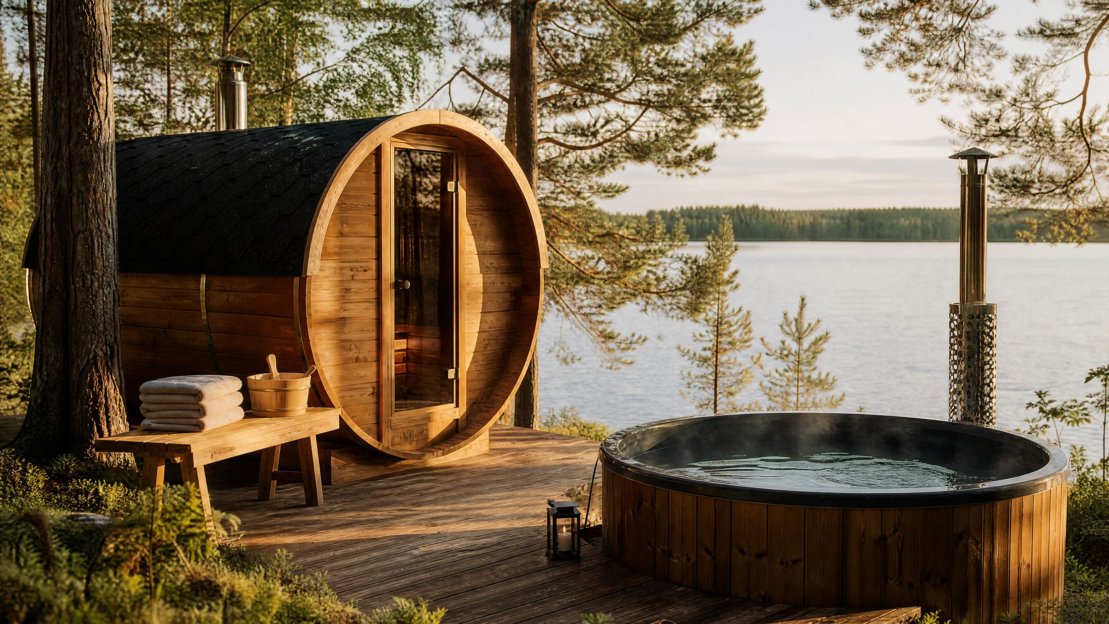 Sauna et bain nordique installés sur la terrasse d'un établissement au bord d'un lac