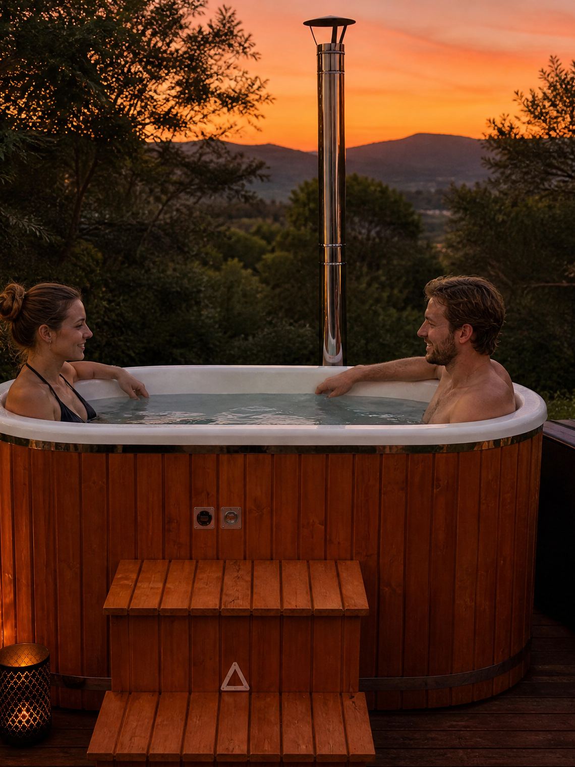 Couple dans un bain nordique au crépuscule