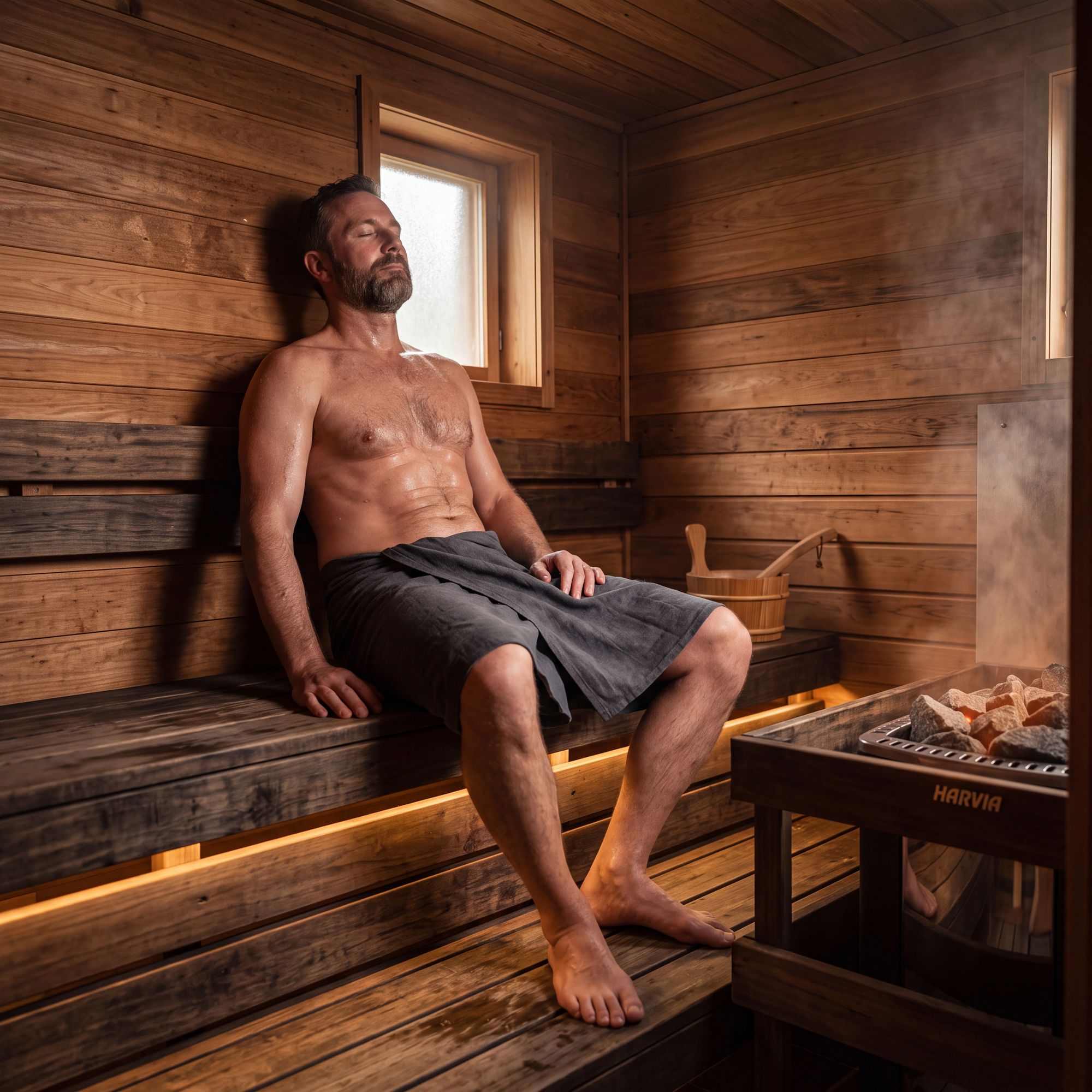 Homme se détendant dans un sauna après le sport