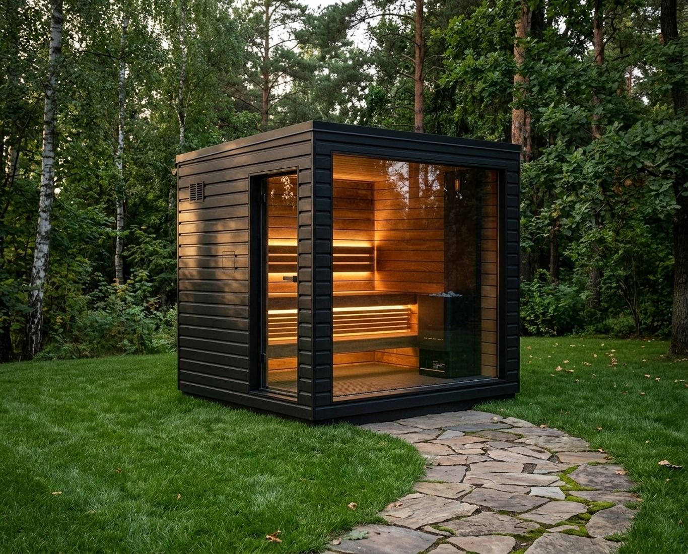 Sauna Saunum haut de gamme à ossature noire dans un jardin