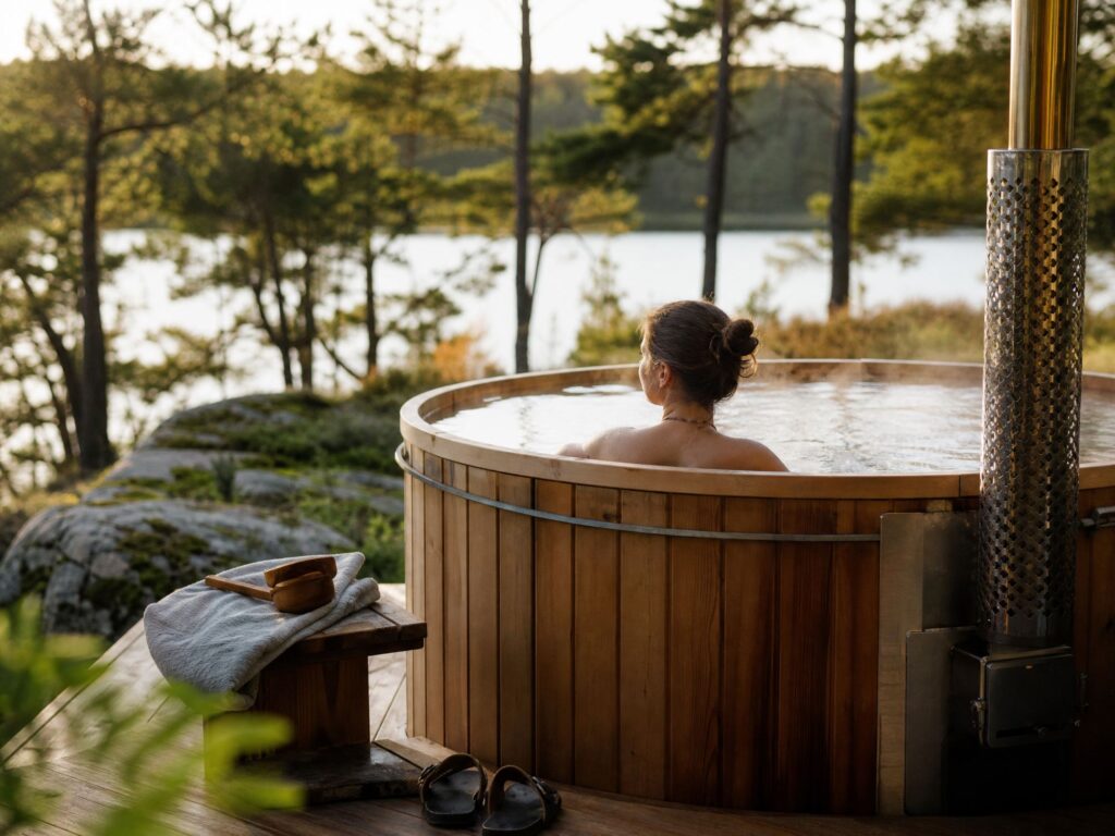 Bain nordique chauffé au bois au bord d'un lac