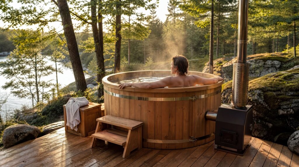 Bain nordique en bois au bord d'un lac en forêt