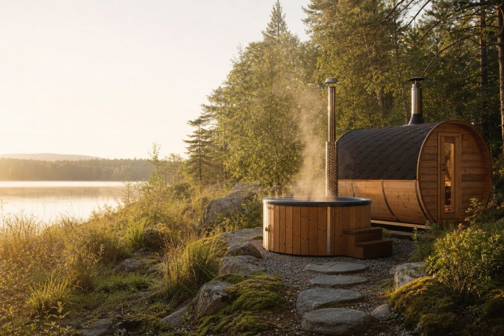 Bain nordique et sauna au crépuscule au bord d'un lac