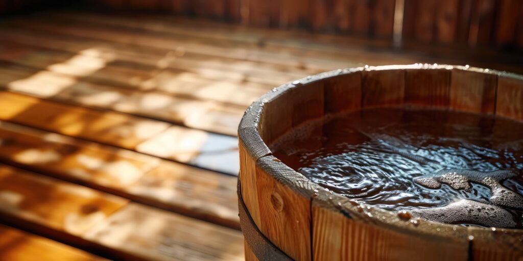 Bain froid rond installé sur une terrasse